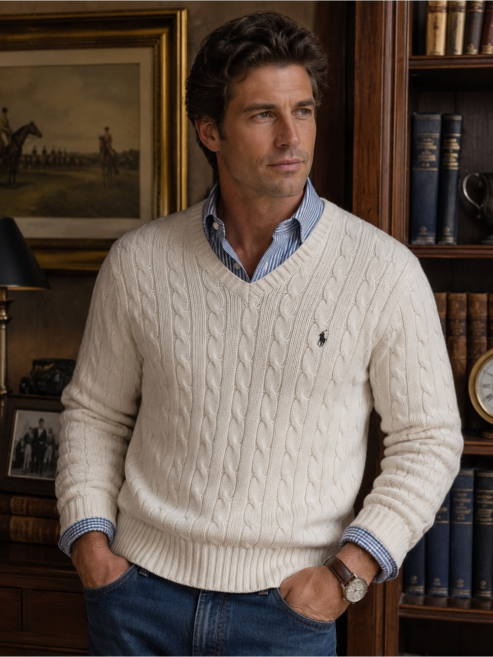 Vintage 90s Polo Ralph Lauren XL Cream Cable Knit Cotton V Neck Sweater
